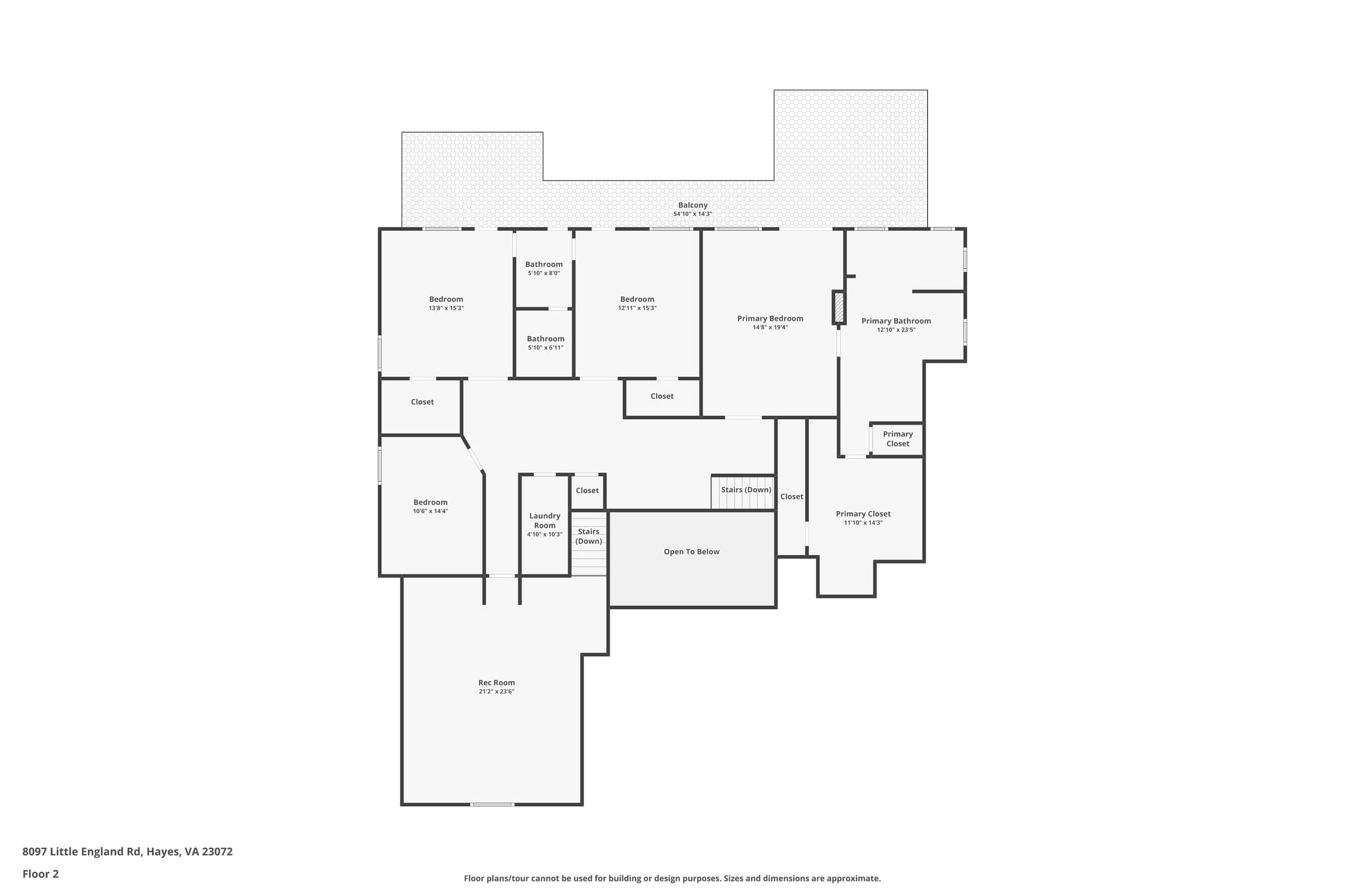 Little England floor plan: Upper level: the primary suite with its bath, closets and balcony, three more bedrooms, two baths, a second laundry, and the rec room over the garage.